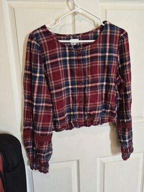 True Craft Burgundy and Navy Plaid Button-Front Long Sleeve Top
